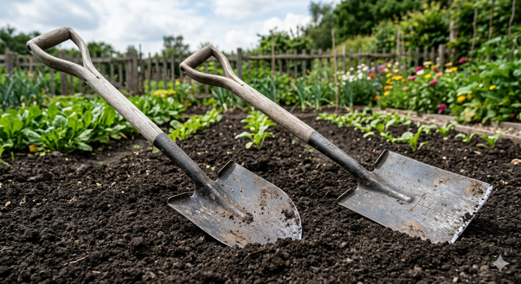An educational comparison of a pointed garden shovel and a square spade, highlighting the gardening tools names and uses for soil prep.