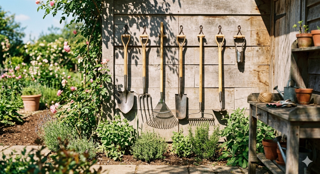 An organized gardening tools garden setup featuring long-handled carbon steel rakes and shovels against a rustic wooden wall.