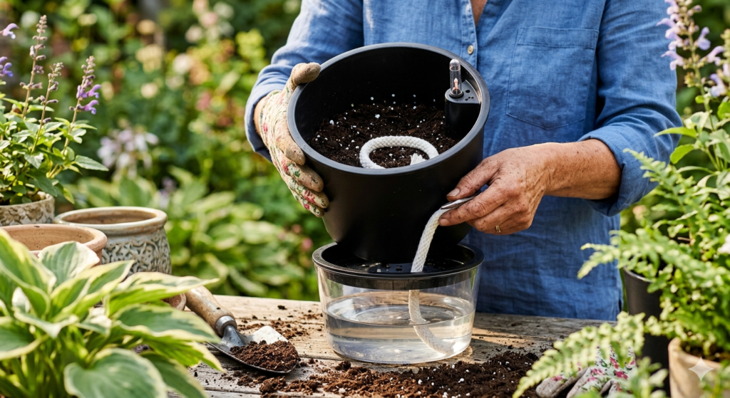 Close-up of a gardener assembling a self watering plant pot showing the reservoir and wick system.