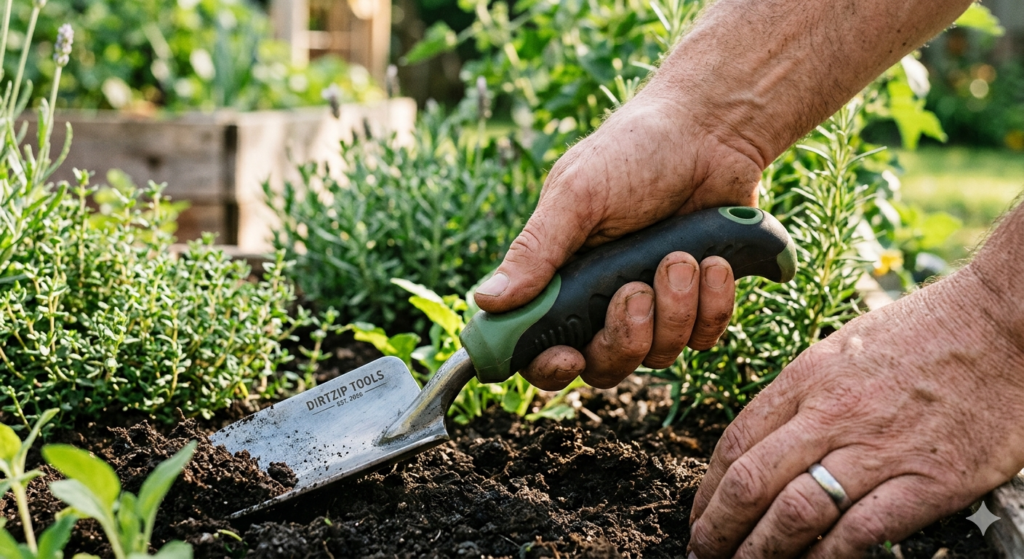 Close-up of a gardener's hand using an ergonomic gardening tool set with soft-grip handles to prevent blisters.