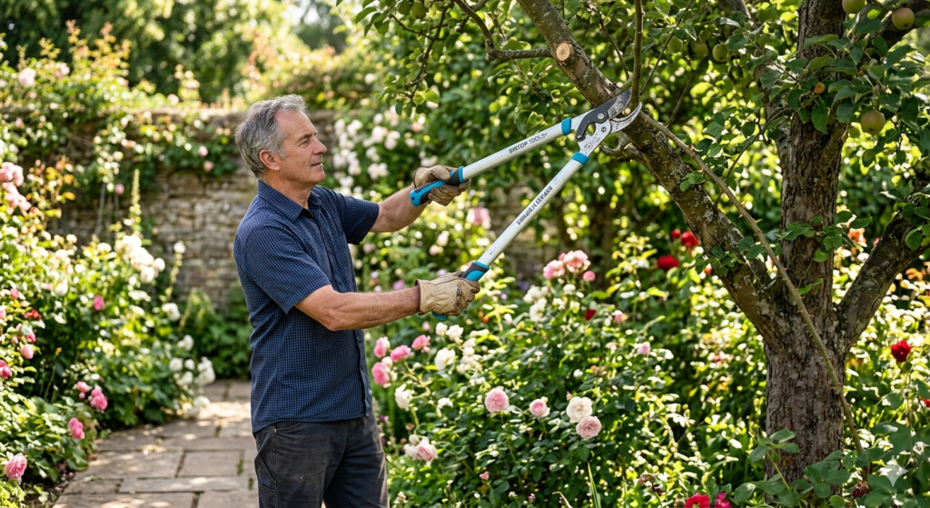 A gardener using long-handled loppers to prune a tree, demonstrating the mechanical advantage of lightweight gardening tools names.