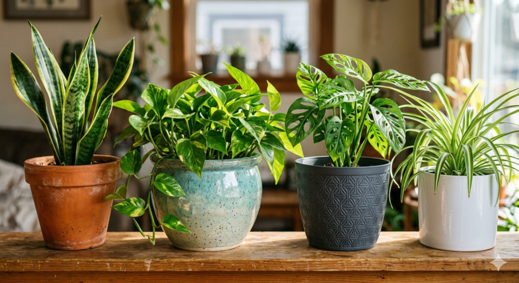 A collection of various potted plants in terra cotta, glazed ceramic, and modern resin containers.
