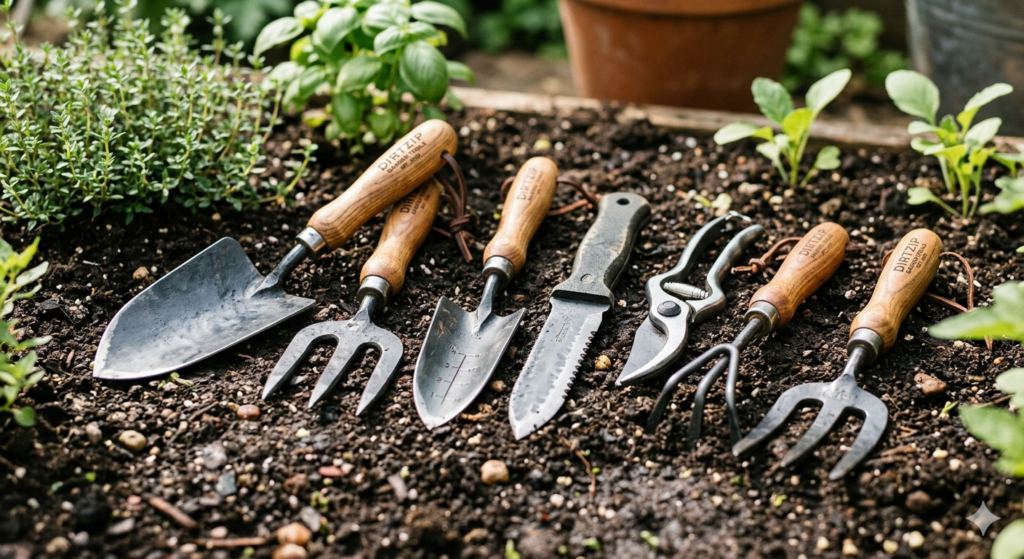 A collection of high-quality forged steel gardening tools including a trowel, transplanter, and hand fork.