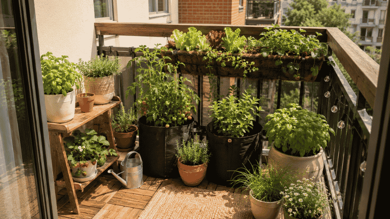 A lush small balcony container garden with herbs, lettuce, and strawberries in various pots and grow bags — balcony gardening for beginners
