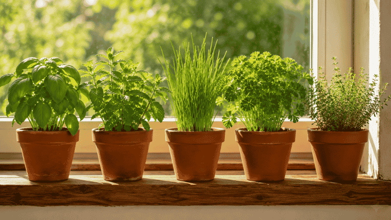 Five terracotta pots of the best indoor herbs for beginners — basil, mint, chives, parsley, and thyme — arranged on a sunny wooden windowsill
