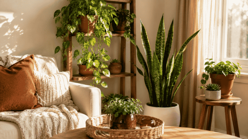 A cozy apartment with a collection of the best plants for beginners including pothos, snake plant, and succulents arranged on shelves and floor in warm morning light
