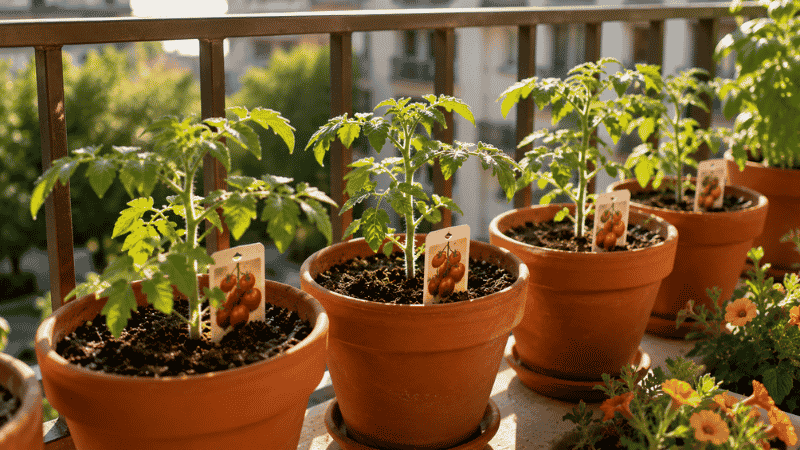 Compact tomato seedlings in terracotta pots on a sunny balcony railing — choosing the right variety is the most important first step for growing tomatoes in pots

