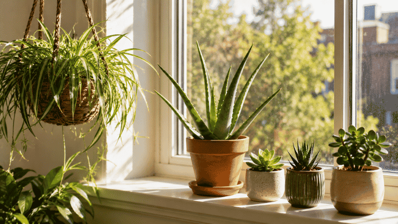 A sunny windowsill with beginner plants that love bright light including aloe vera, spider plant, and succulents in terracotta and ceramic pots