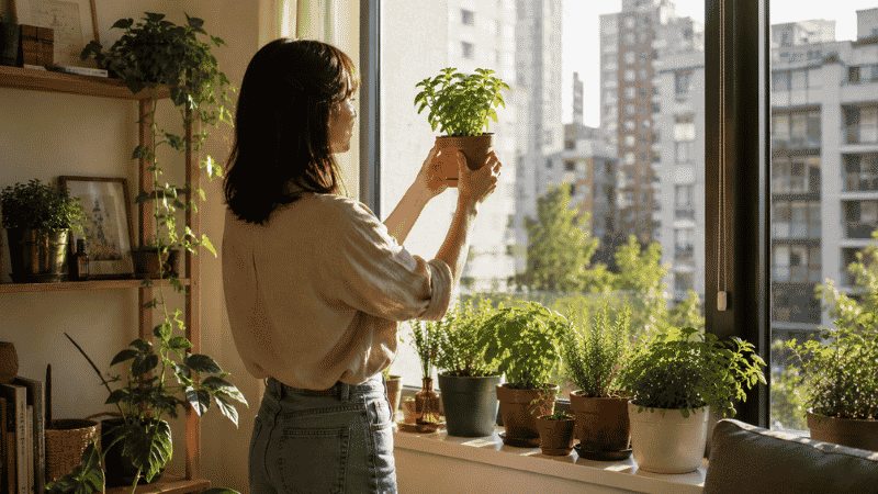 A person holding a potted herb plant near a bright south-facing window to check the light level — understanding your window direction is the most important first step for growing herbs indoors
