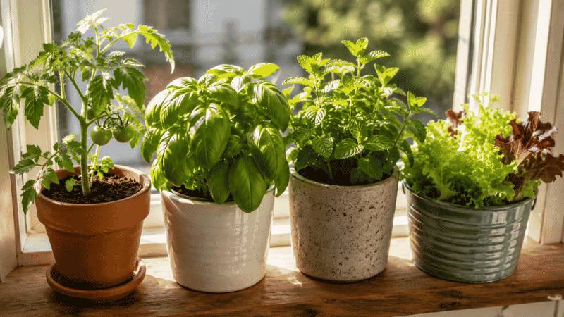 Close-up of beginner-friendly plants in small pots: cherry tomato seedling, fresh basil, mint, and lettuce on a sunny windowsill
