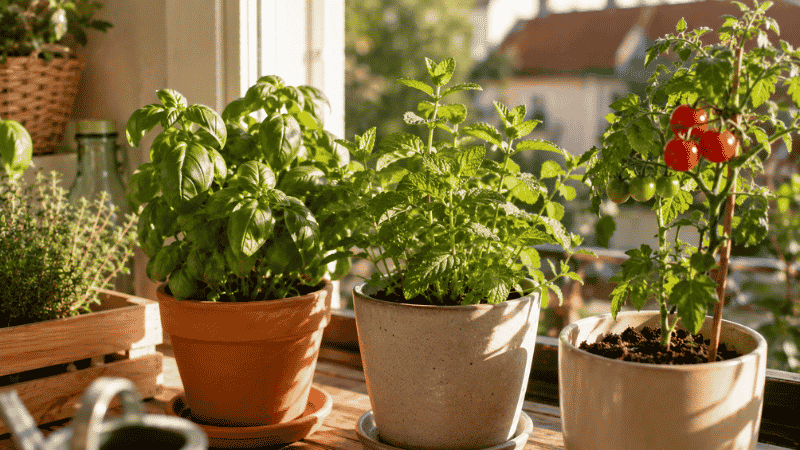Edible beginner plants growing on a balcony including fresh basil, mint, and cherry tomatoes in simple terracotta and ceramic pots