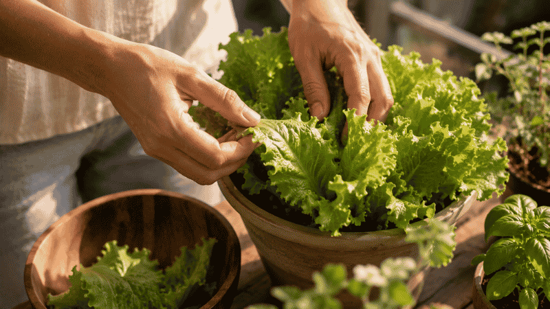 Hands gently harvesting fresh lettuce leaves from a container garden — the rewarding first harvest for a beginner home gardener
