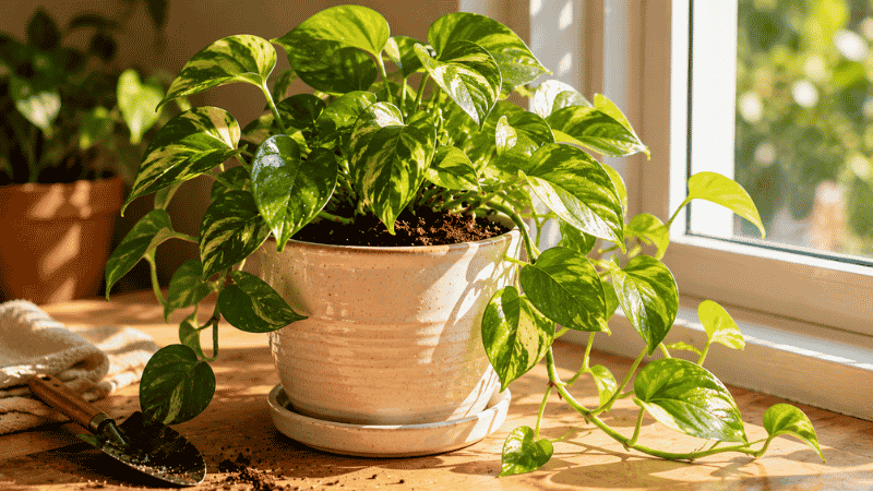 A freshly repotted houseplant settled into a new ceramic pot on a bright windowsill with fresh dark potting soil — the rewarding result of repotting done right