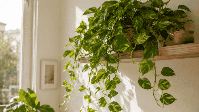 Golden pothos trailing beautifully from a wooden shelf in a bright apartment — the most popular low maintenance indoor plant for beginners