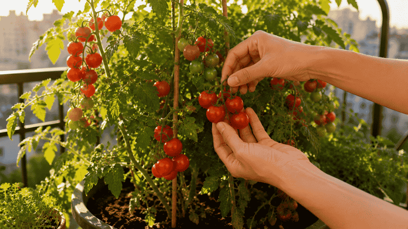 A lush container of cherry tomato plants with clusters of ripe red tomatoes growing on a sunny apartment balcony — growing tomatoes in pots is easier than most beginners think
