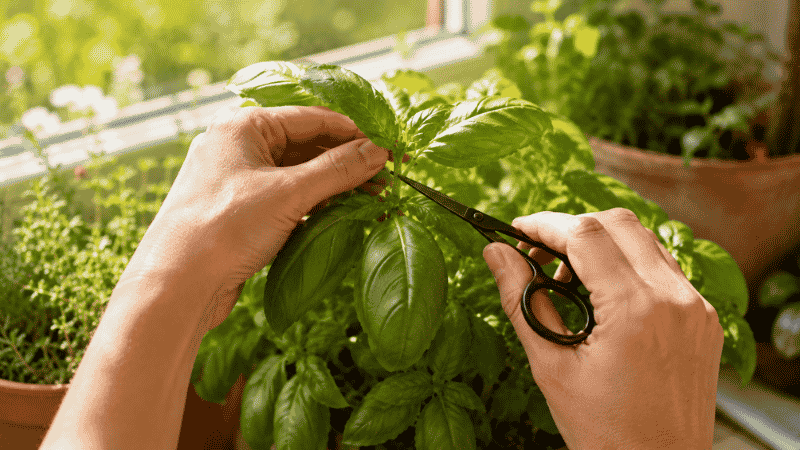 Hands snipping fresh basil leaves with scissors just above a leaf node — regular harvesting is the habit that keeps indoor herbs growing productively
