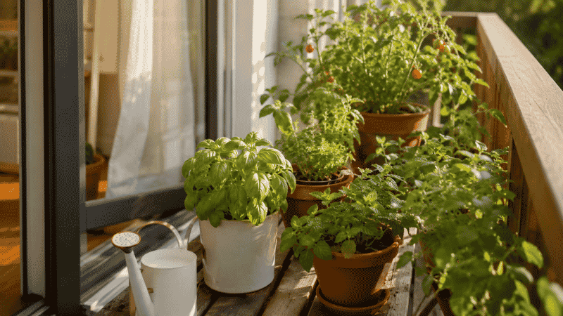 A cozy apartment balcony with terracotta pots of fresh herbs and cherry tomatoes in morning light — gardening for beginners
