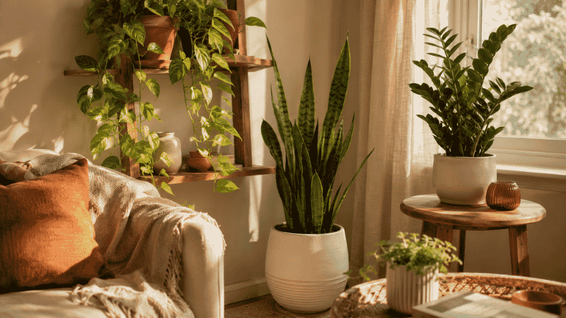 A cozy apartment living room corner with a collection of low maintenance indoor plants including pothos, snake plant, and ZZ plant in various pots