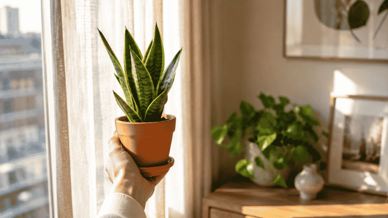 A person checking natural light levels near a window before placing a potted plant — choosing the right indoor plant for your light conditions