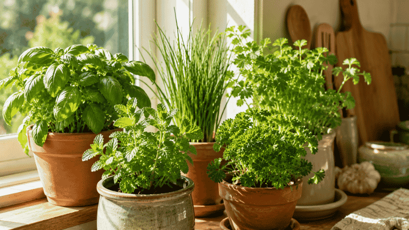 A bright kitchen windowsill with thriving indoor herb pots including basil, mint, chives, and parsley in warm morning light — a beginner's guide to growing herbs indoors
