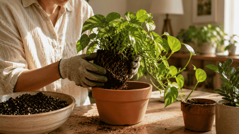 A person repotting a green pothos plant into a new terracotta pot with fresh potting mix on a wooden table in natural light
