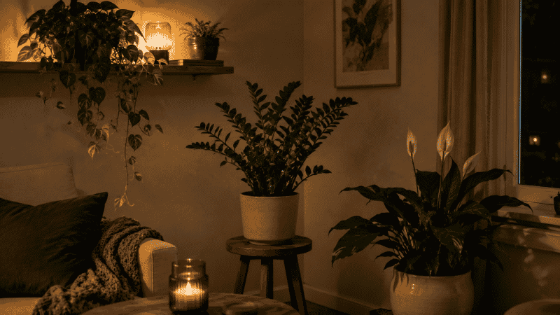 A dim apartment corner with beginner-friendly low light plants including pothos, ZZ plant, and peace lily thriving without direct sunlight