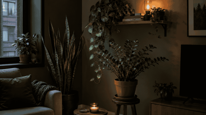 A north-facing apartment room with low light houseplants thriving — snake plant, pothos, and ZZ plant arranged in a dim cozy corner
