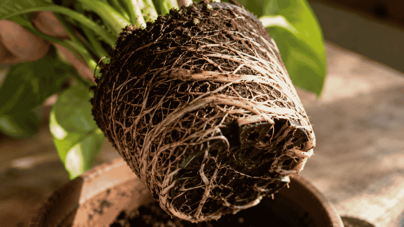 A rootbound houseplant with dense roots circling and growing through the drainage holes — a clear sign it's time to repot
