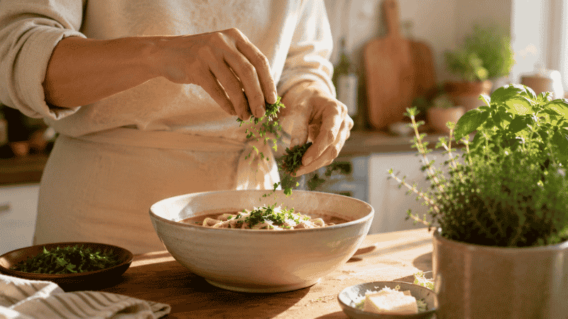 Fresh herbs snipped from an indoor windowsill garden being added to a bowl of pasta — the quiet everyday joy of growing your own herbs indoors
