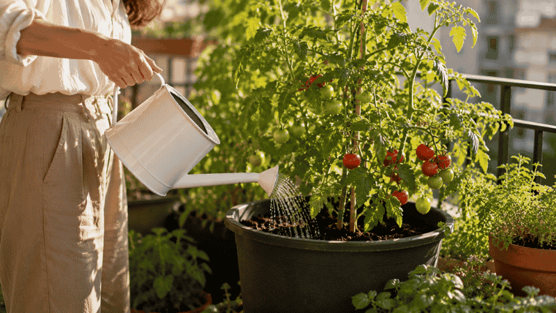 A person watering a container tomato plant on a sunny balcony in the morning — consistent watering is the most important habit for growing tomatoes in pots successfully
