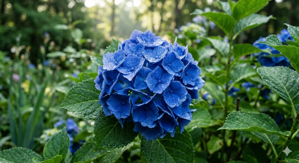 Vibrant blue Hydrangeas in acidic soil - popular types of blue flowers for summer gardens.