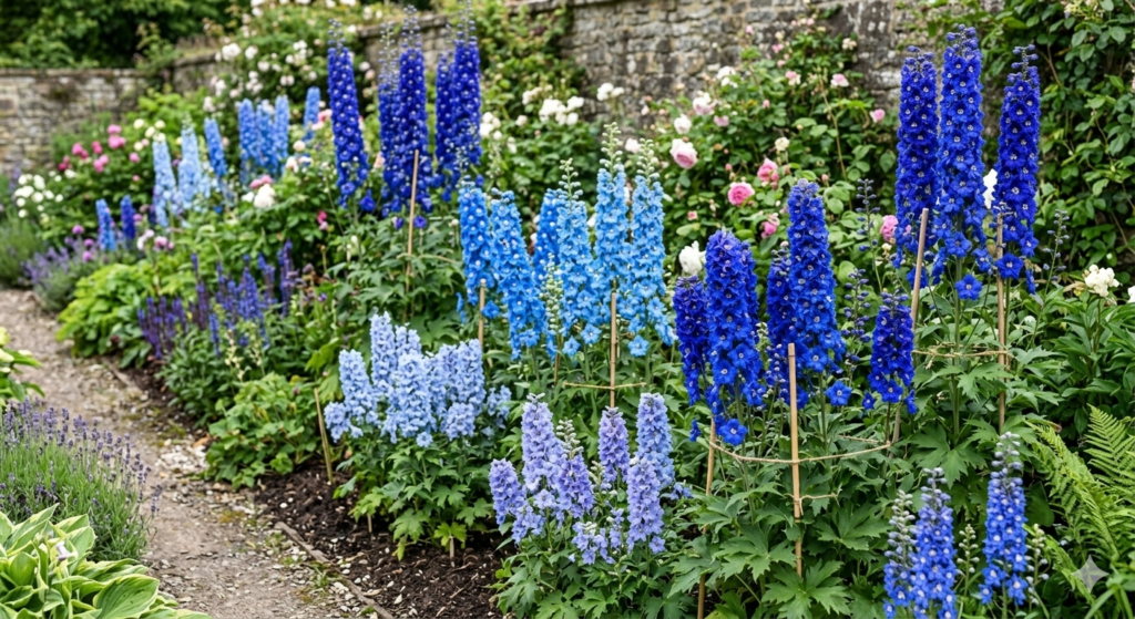 A stunning border featuring various blue delphinium flowers ranging from sky blue to deep cobalt.