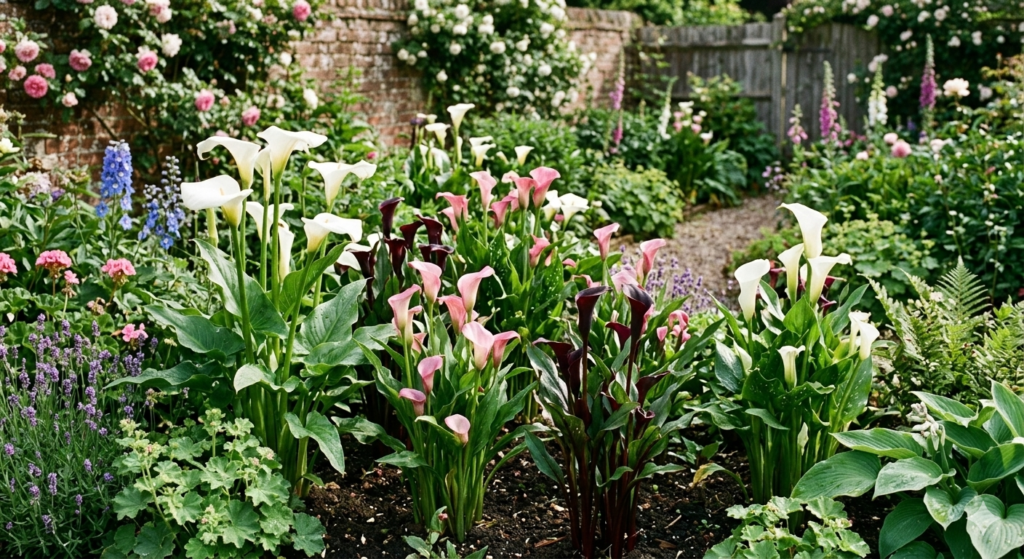 A vibrant mix of colorful calla lily flowers blooming in a well-designed garden border.