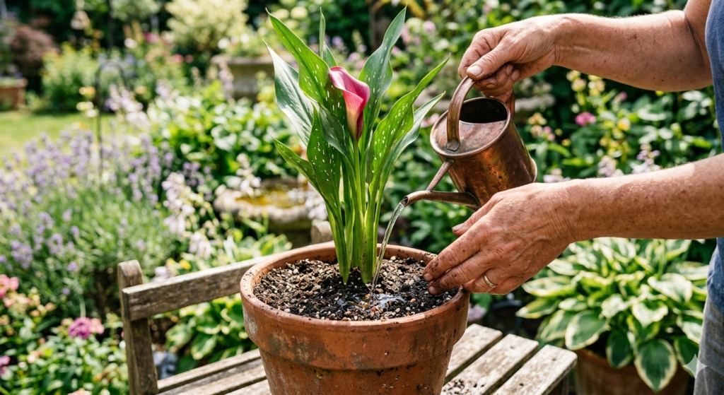 A gardener providing proper calla lily care by watering the base of the plant in a terracotta pot.