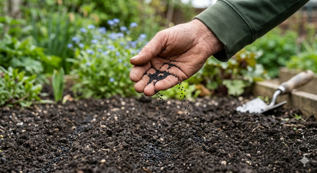 Sowing tiny black forget-me-not seeds in a shaded backyard garden bed.