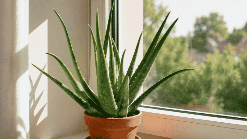 A healthy aloe vera plant with thick plump upright green leaves in a terracotta pot on a bright sunny windowsill — complete aloe vera care guide for beginners
