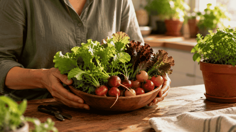 A bowl of freshly harvested beginner vegetables including radishes, cherry tomatoes, and lettuce leaves on a kitchen table — the rewarding result of growing your own food in pots