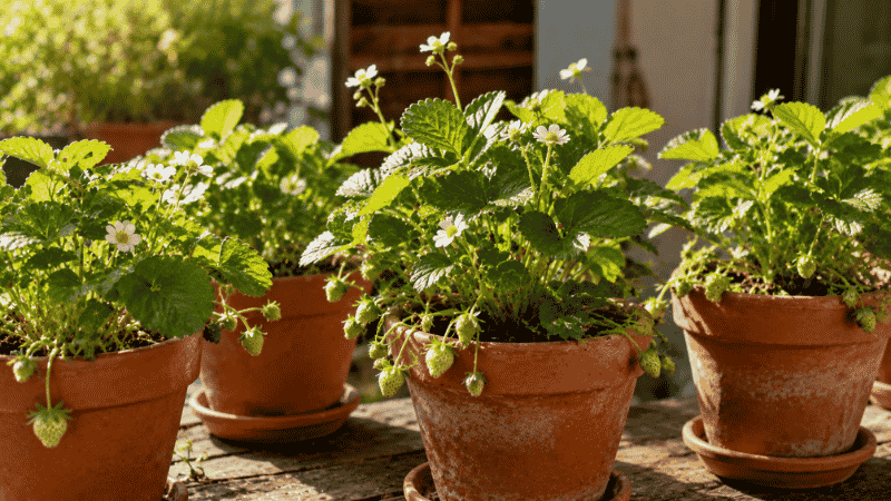 Small strawberry plants with white flowers in terracotta pots on a sunny wooden table — choosing the right variety is the most important first step for growing strawberries in containers
