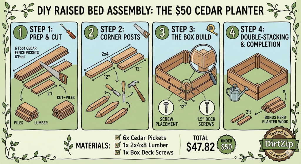 Close-up of affordable cedar fence pickets used as non-toxic lumber for a budget-friendly garden project.