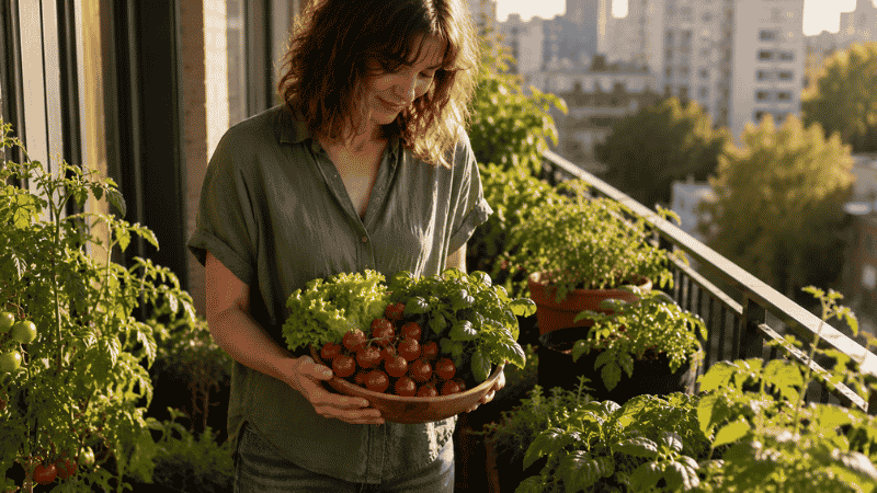 A person holding a bowl of freshly harvested vegetables and herbs from their balcony container garden — the rewarding result of growing your own food in pots and containers