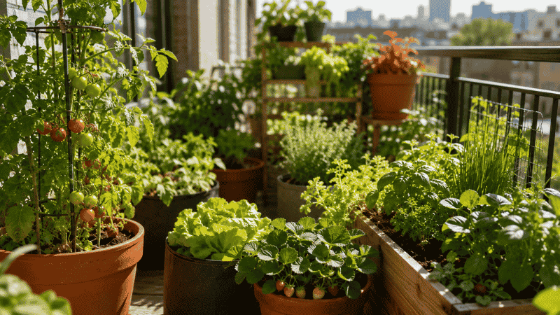 A lush container garden on a sunny apartment balcony with terracotta pots, grow bags, and planter boxes filled with tomatoes, herbs, and lettuce — the complete beginner's guide to container gardening
