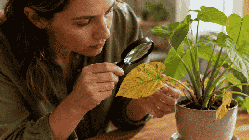 A person examining the underside of a yellowing houseplant leaf — checking the pattern and texture of yellow leaves is the fastest way to diagnose the real cause
