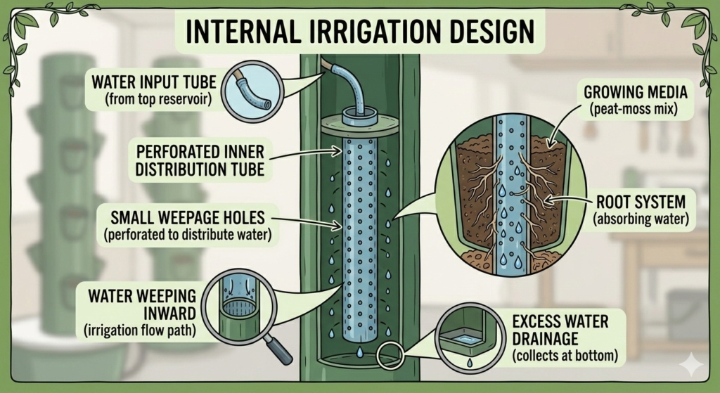 Technical diagram of a DIY PVC garden tower showing the internal perforated irrigation and drainage system.