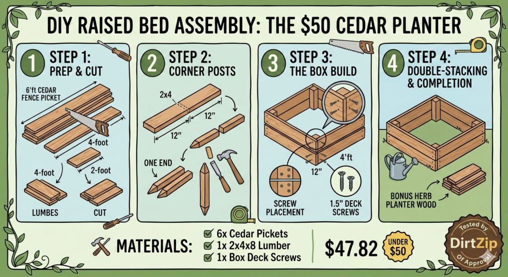 Step-by-step infographic showing how to assemble a DIY raised garden bed using cedar fence pickets and deck screws.