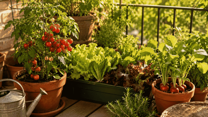 A sunny balcony with containers of the easiest vegetables for beginners — cherry tomatoes, lettuce, and radishes growing in pots and window boxes in warm afternoon light
