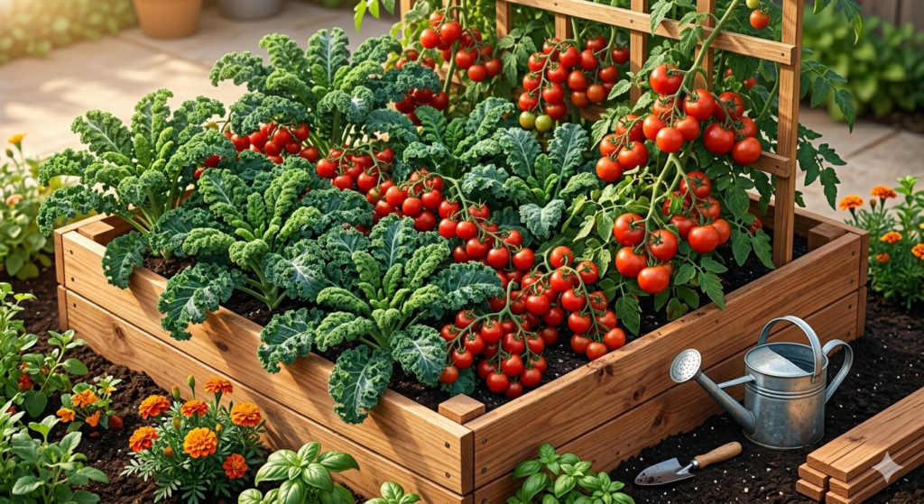 A productive 4x4 DIY raised garden bed overflowing with organic kale and ripe red tomatoes in a backyard.