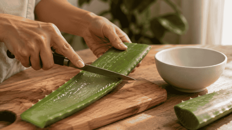 Hands using a knife to open an aloe vera leaf on a cutting board revealing the clear healing gel inside — how to harvest aloe vera gel from your houseplant

