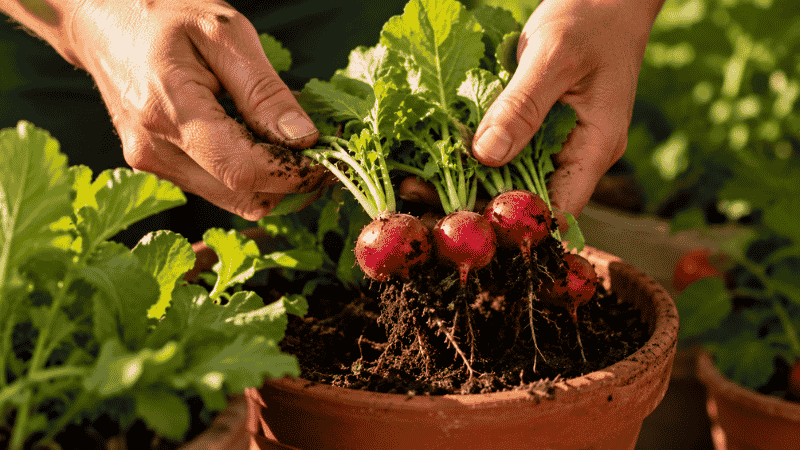 Hands pulling fresh red radishes from a terracotta container pot — radishes are the fastest and easiest vegetable for beginners to grow, ready in just 25 days
