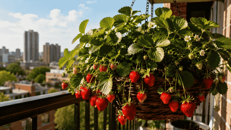 A hanging basket overflowing with ripe red strawberries on a sunny apartment balcony — a complete beginner's guide to how to grow strawberries in pots
