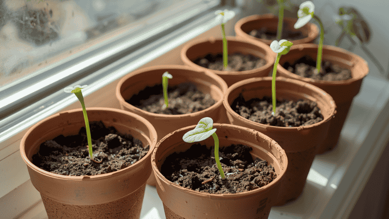 On the windowsill, there is a row of biodegradable peat seedling pots, and the green young shoots of marigolds that have just emerged from the soil.
